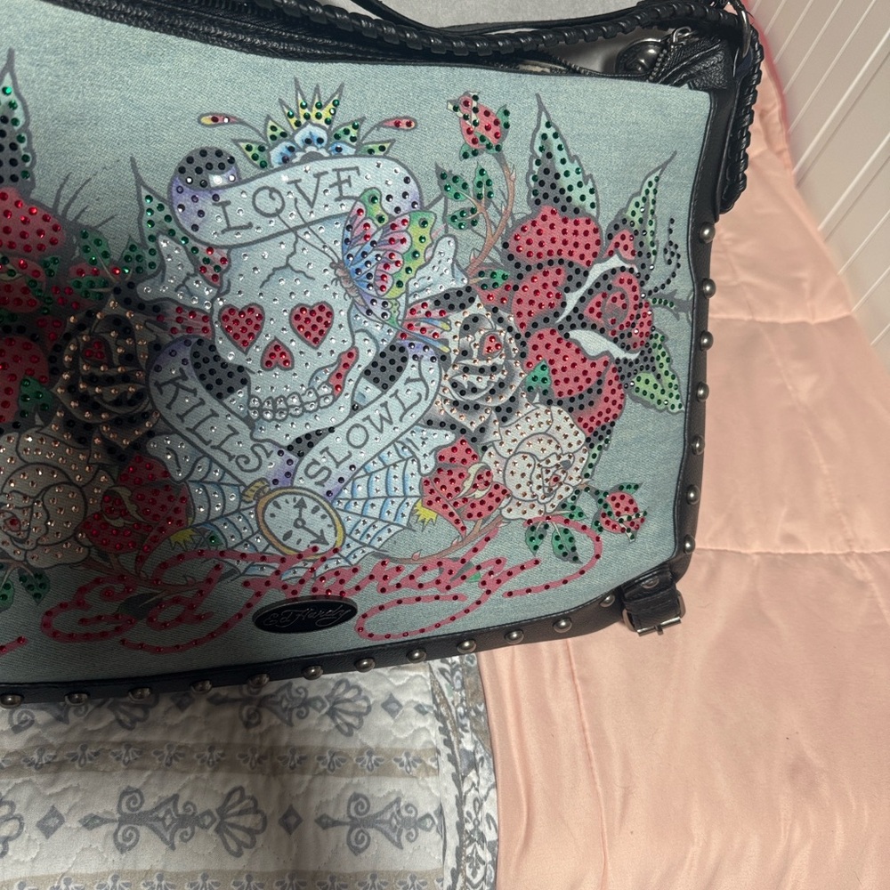 NWT Ed Hardy Lg Tote/ Studded Floral Skull Crossbody Bag - Black and Light Blue - Picture 11 of 12